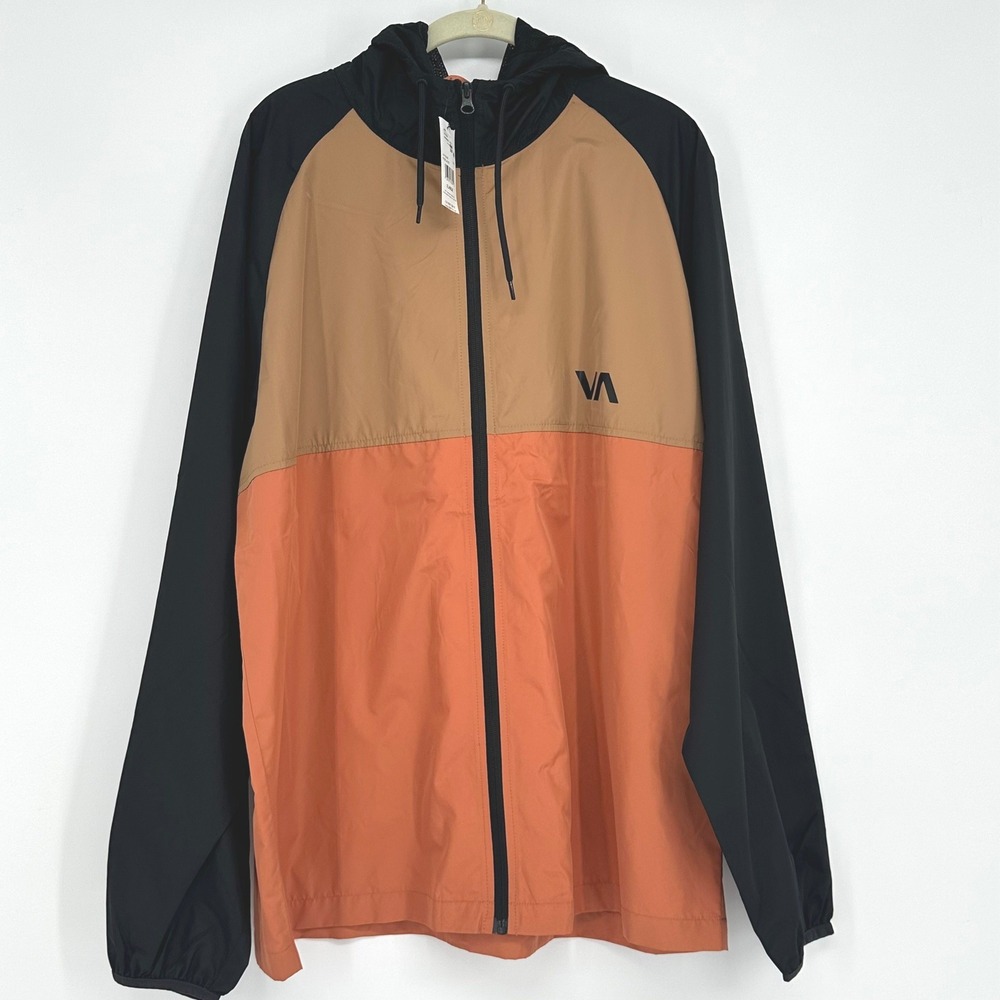 RVCA Mens Ryder Windbreaker Jacket Orange Tan Black Hooded XL NEW